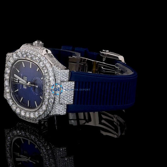 Blue Rubber Strap Moissanite Diamond Luxury Watch