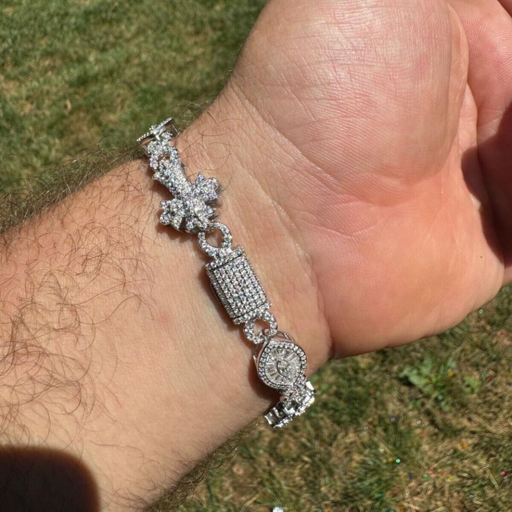925 Silver Evil Eye Gothic Cross Link Bracelet Iced Out Bracelet