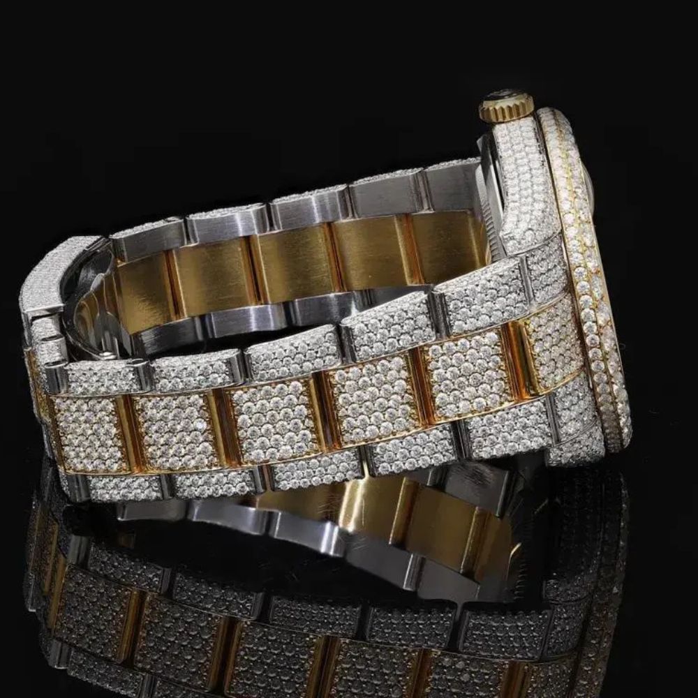 Dual Tone Iced Out Datejust Moissanite Wrist Watch