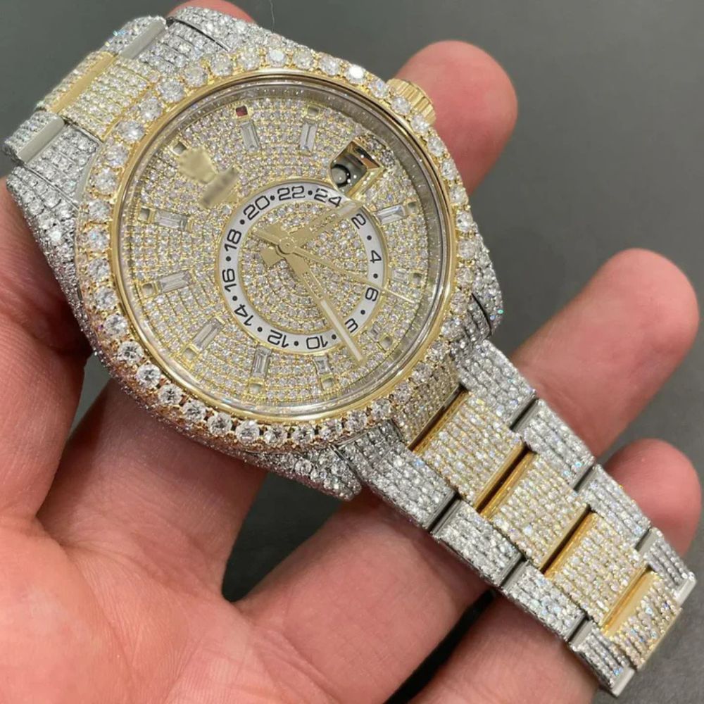 Dual Tone Stainless Steel Iced Out Moissanite Wrist Watch