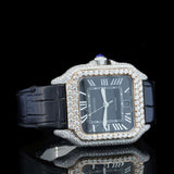 Black Color Roman Numeric Leather Belt Moissanite Watch