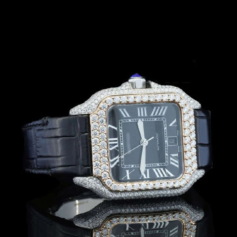 Black Color Roman Numeric Leather Belt Moissanite Watch