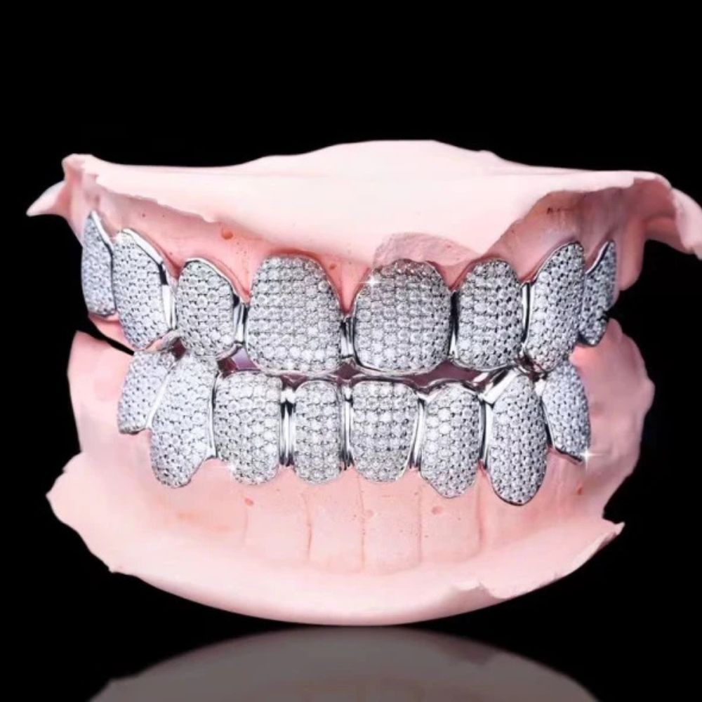 Lab Created Moissanite 10K White Gold Plated Diamond Grillz
