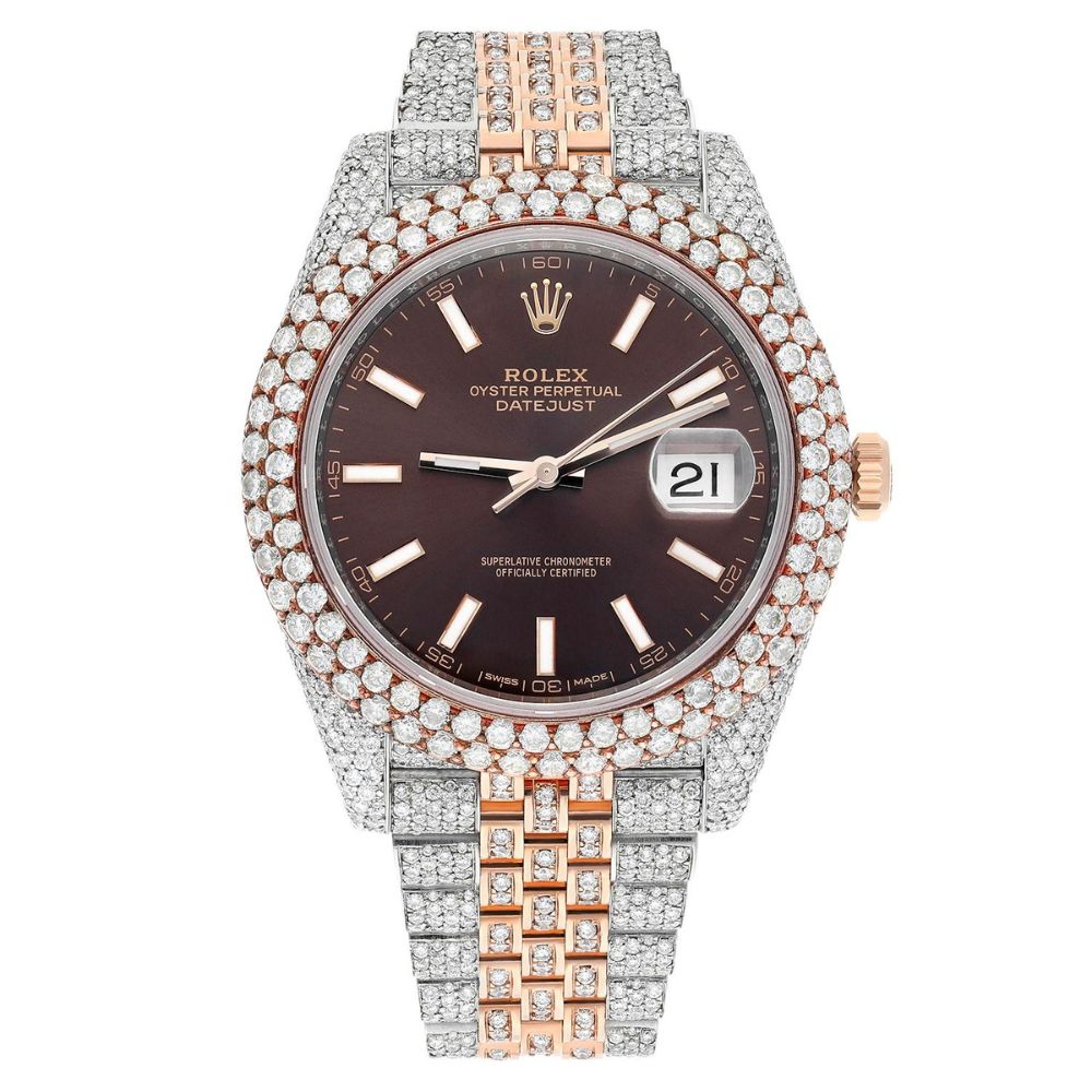Dual Tone Brown Dial Datejust Iced Out Moissanite Watch