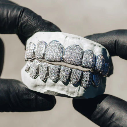 Moissanite Diamond Silver Tone Top & Bottom Teeth Custom Hip Hop Grills
