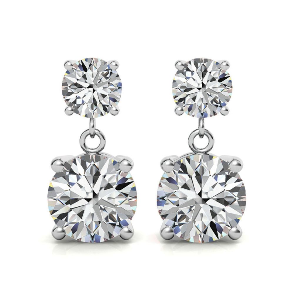 Double Round Moissanite Drop Stud Earrings in White Gold