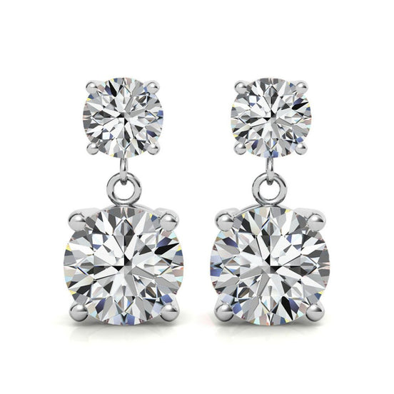 Double Round Moissanite Drop Stud Earrings in White Gold