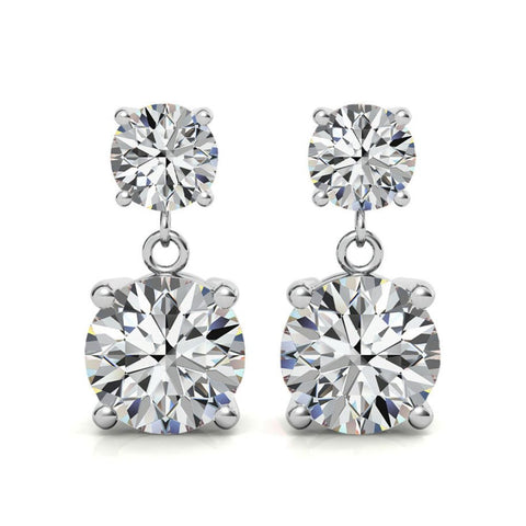 Double Round Moissanite Drop Stud Earrings in White Gold