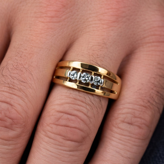 14K Gold Men's Moissanite Wedding Ring Three Stone Ring