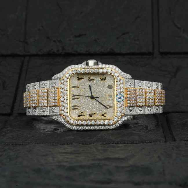 Dual Tone Arabic Dial Moissanite Hip Hop Watch