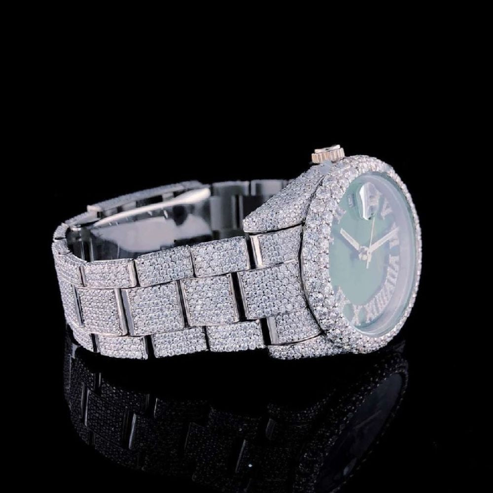 Full Iced Out Green Dial Moissanite Wrist Watch