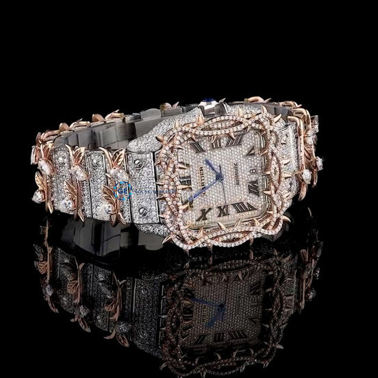 Leafe Style Roman Dial Dual Tone Moissanite Wrist Watch