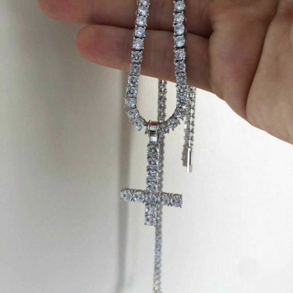 Upside Down Inverted Moissanite Tennis Cross Pendant