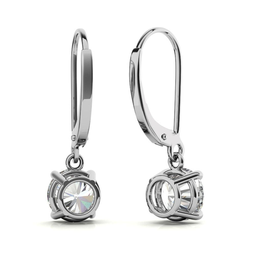 Round Cut Moissanite Lever Back Drop Earrings in White Gold