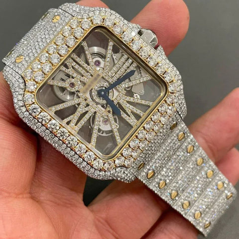 Skeleton Dual Tone Iced Out Moissanite Wrist Watch