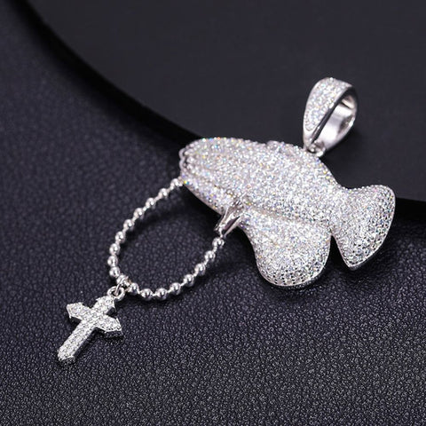 Hands Praying Cross Pendant Iced Out Moissanite Pendant