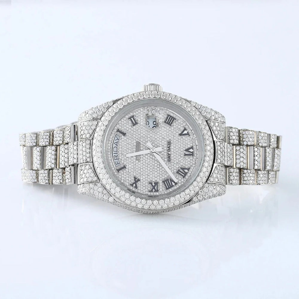 Bust Down Full White Day Date Moissanite Iced Out Watch
