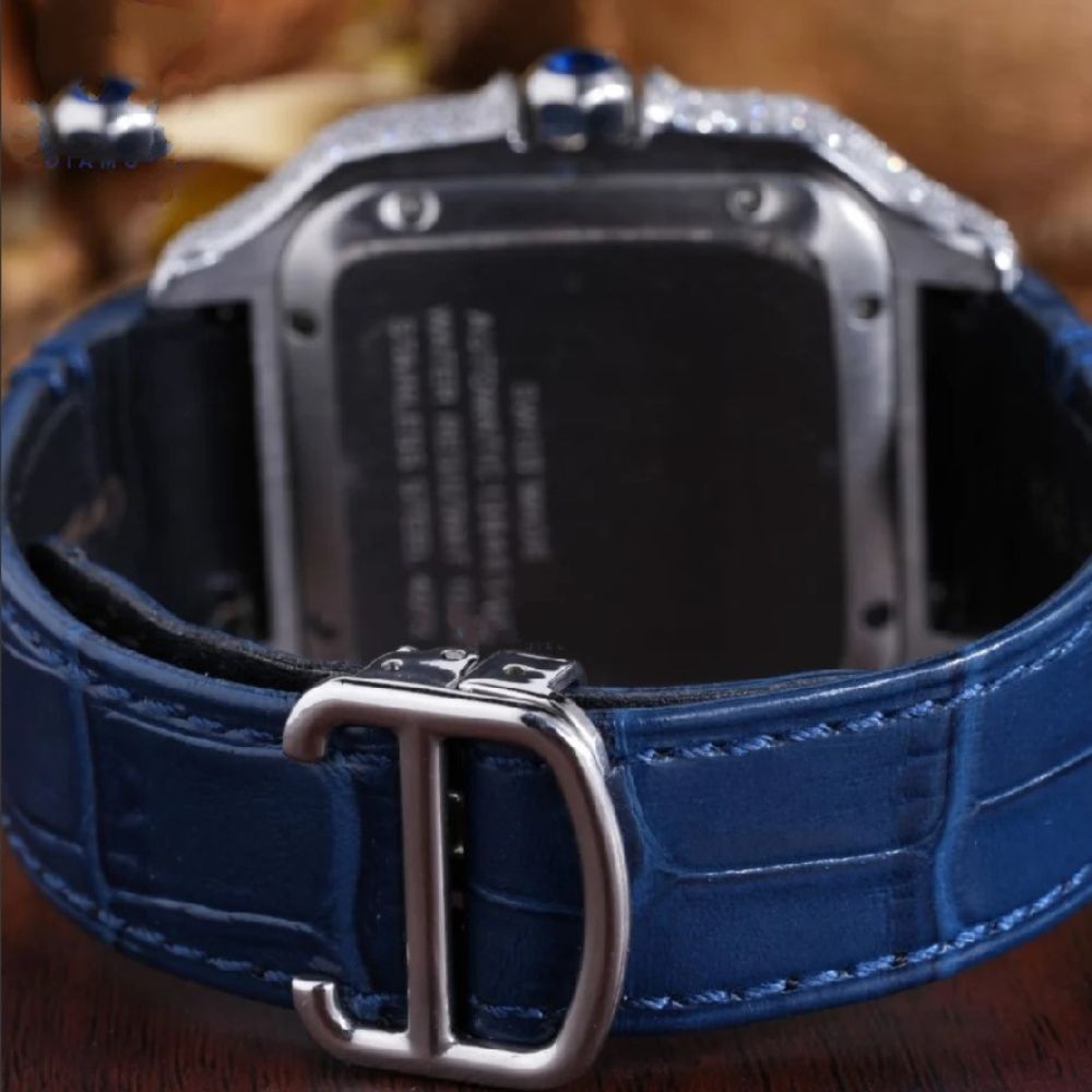 Blue Lather Belt Moissanite Diamond Watch Gift For Men's