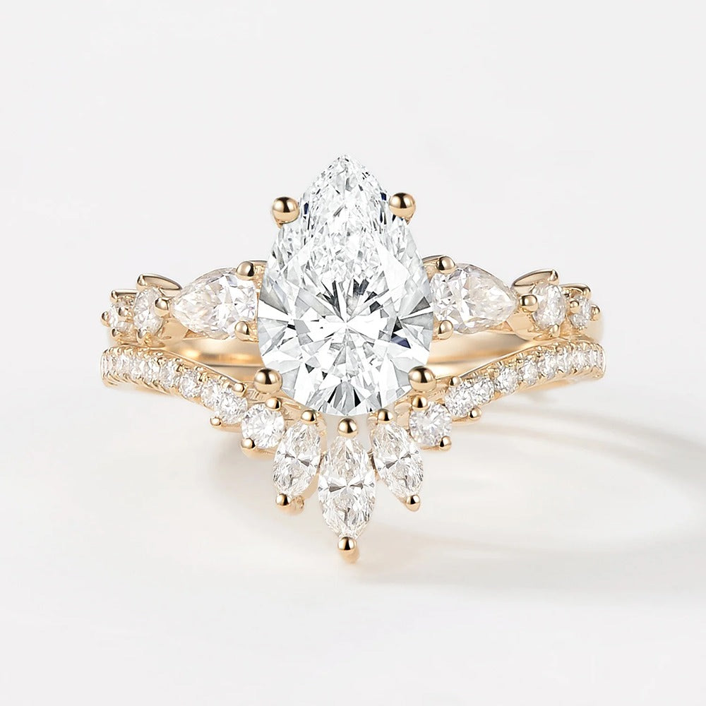D Color Moissanite Pear Cut Vintage Wedding Ring Set For Bride