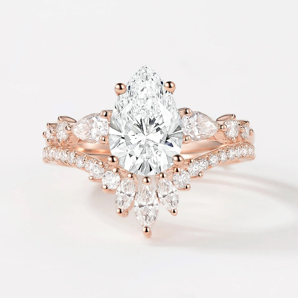 D Color Moissanite Pear Cut Vintage Wedding Ring Set For Bride