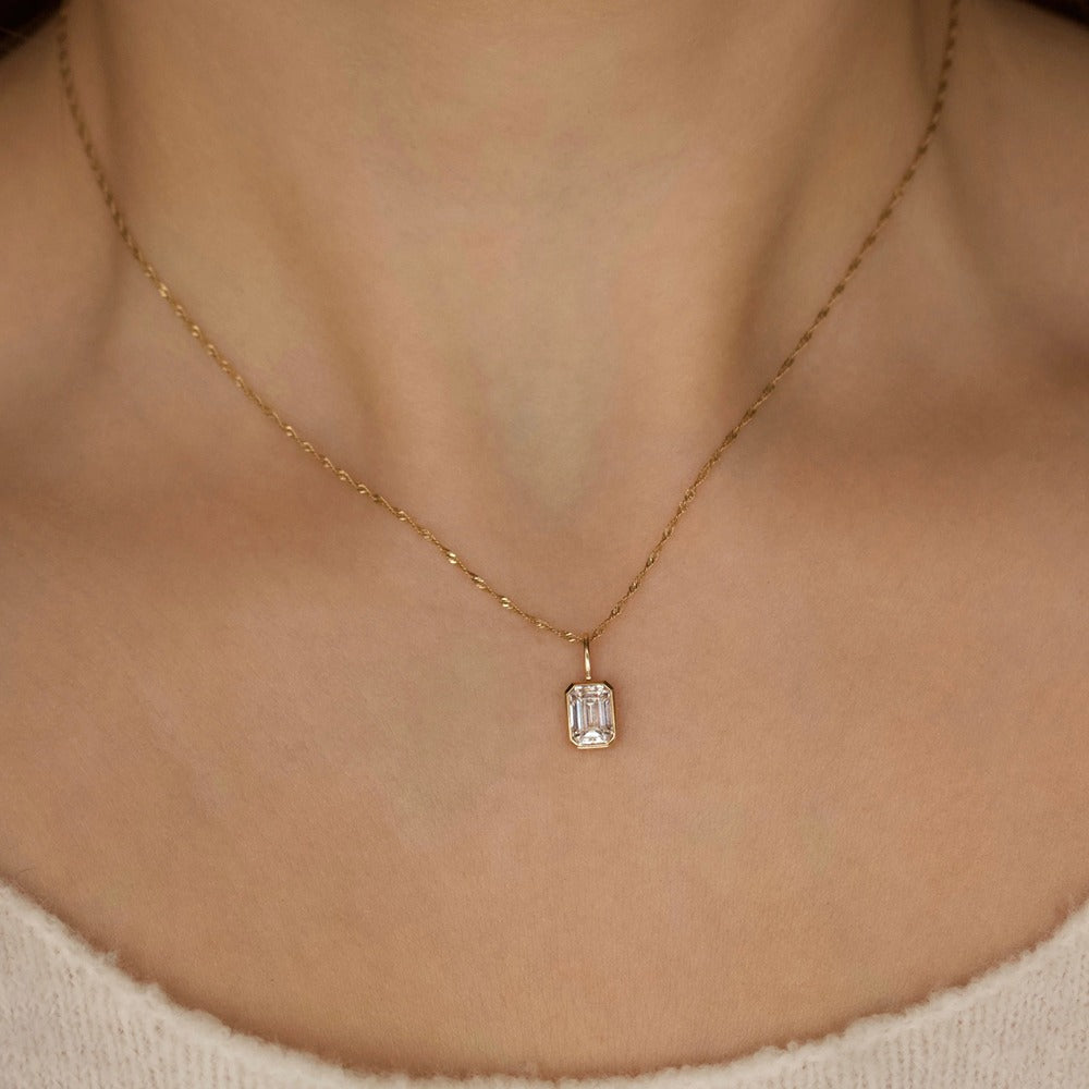 Bezel Set Emerald Cut Solitaire Moissanite Pendant For Women