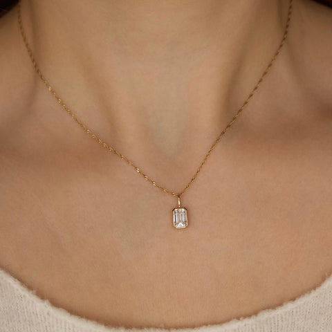 Bezel Set Emerald Cut Solitaire Moissanite Pendant For Women
