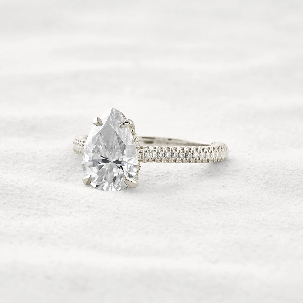 VVS1 Clarity Pear Cut Moissanite Pave Set Engagement Ring
