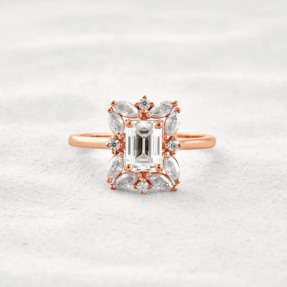 Emerald Cut Moissanite Diamond Halo Wedding Proposal Ring