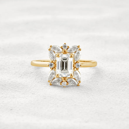 Emerald Cut Moissanite Diamond Halo Wedding Proposal Ring