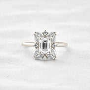 Emerald Cut Moissanite Diamond Halo Wedding Proposal Ring
