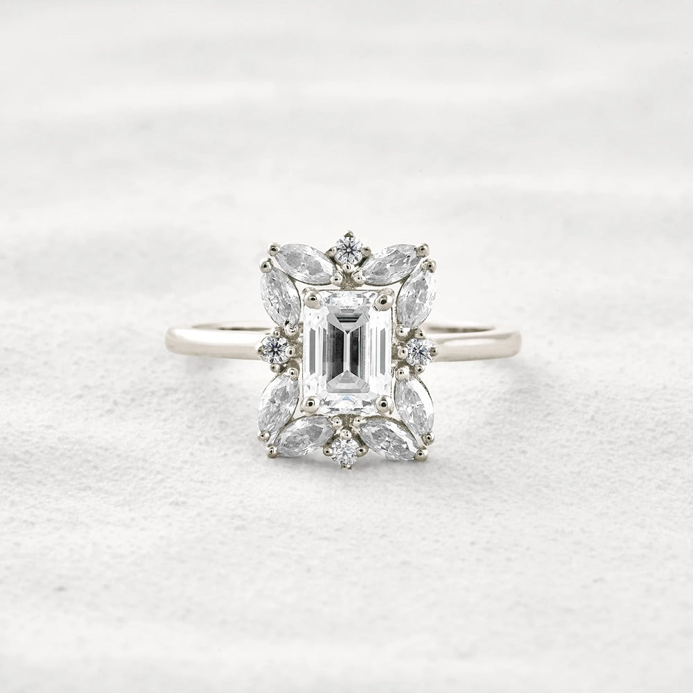 Emerald Cut Moissanite Diamond Halo Wedding Proposal Ring