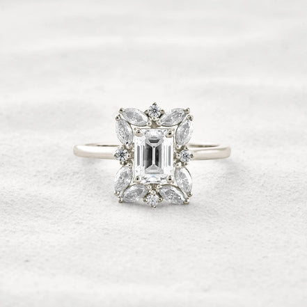 Emerald Cut Moissanite Diamond Halo Wedding Proposal Ring