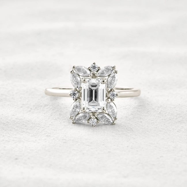 Emerald Cut Moissanite Diamond Halo Wedding Proposal Ring