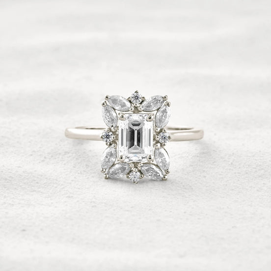 Emerald Cut Moissanite Diamond Halo Wedding Proposal Ring