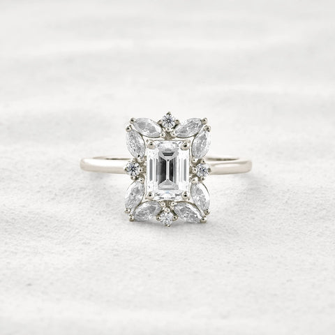 Emerald Cut Moissanite Diamond Halo Wedding Proposal Ring