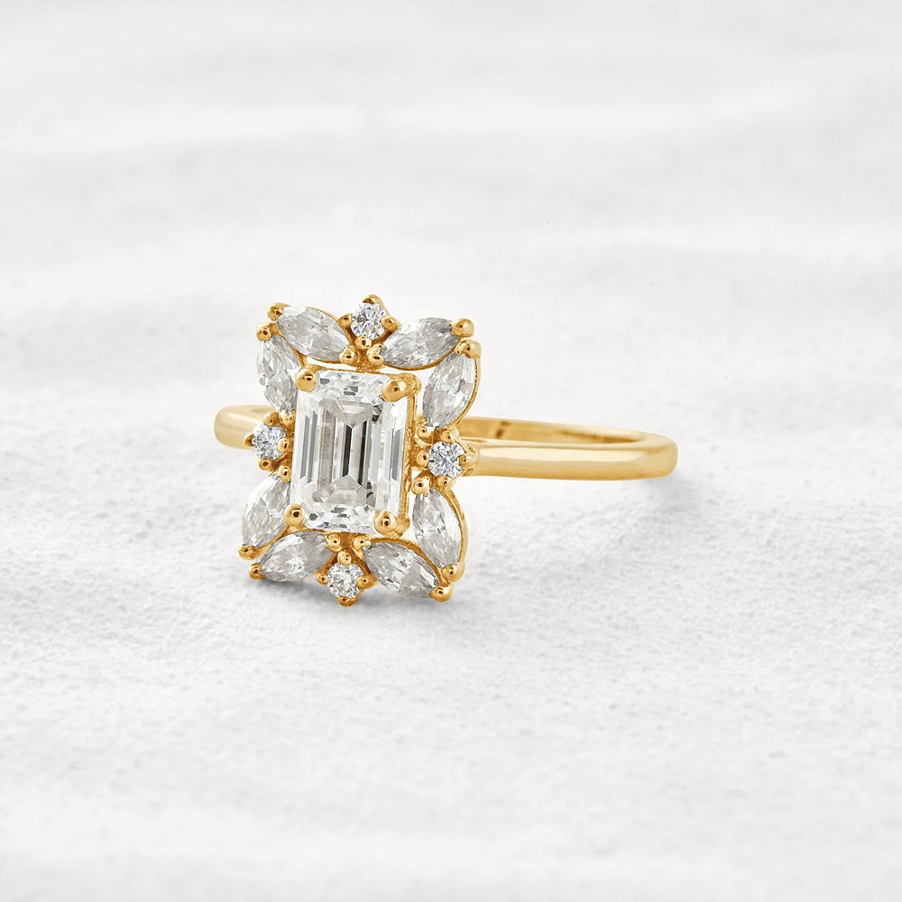 Emerald Cut Moissanite Diamond Halo Wedding Proposal Ring