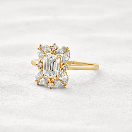Emerald Cut Moissanite Diamond Halo Wedding Proposal Ring