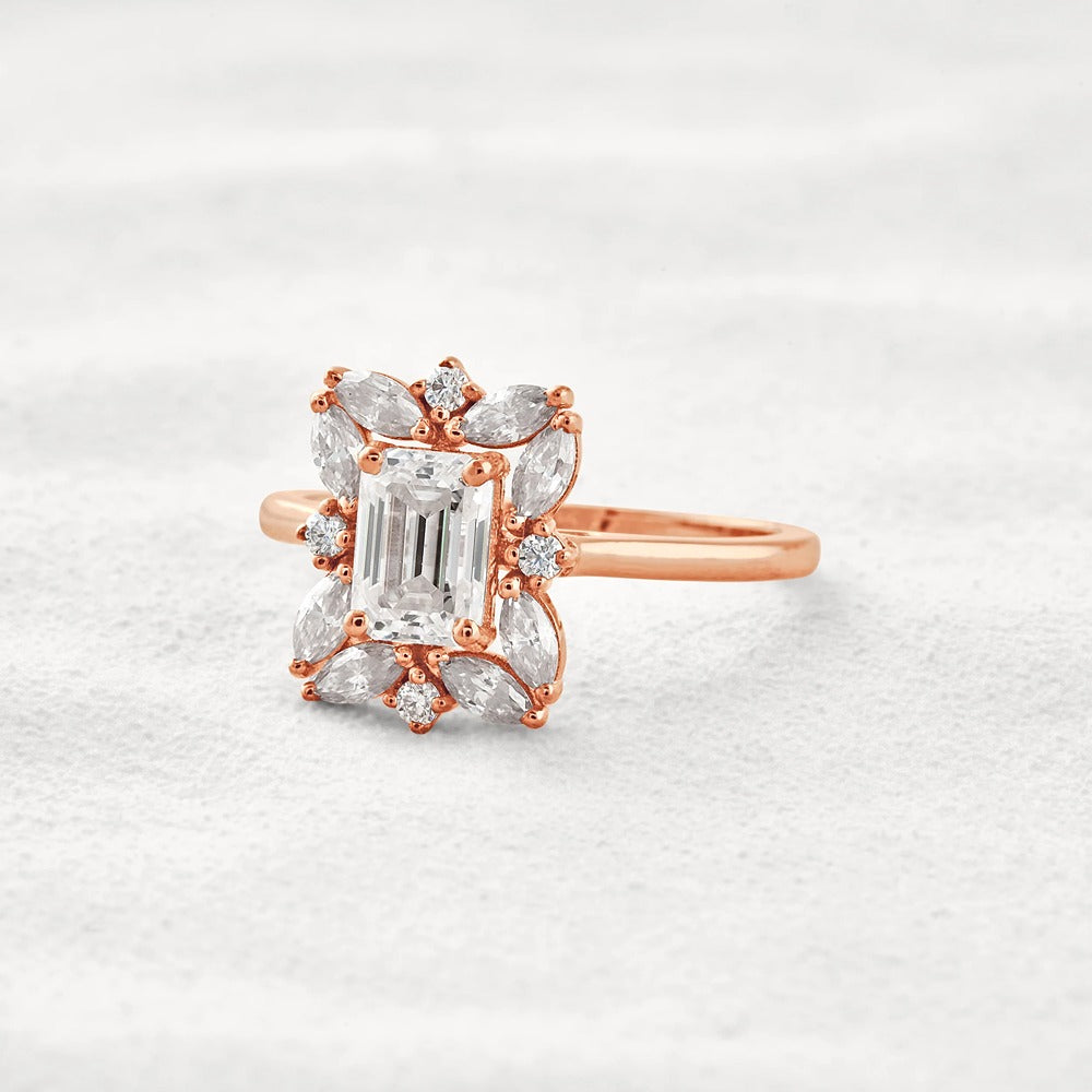 Emerald Cut Moissanite Diamond Halo Wedding Proposal Ring