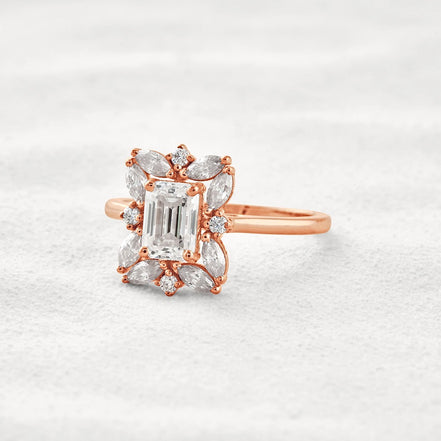 Emerald Cut Moissanite Diamond Halo Wedding Proposal Ring