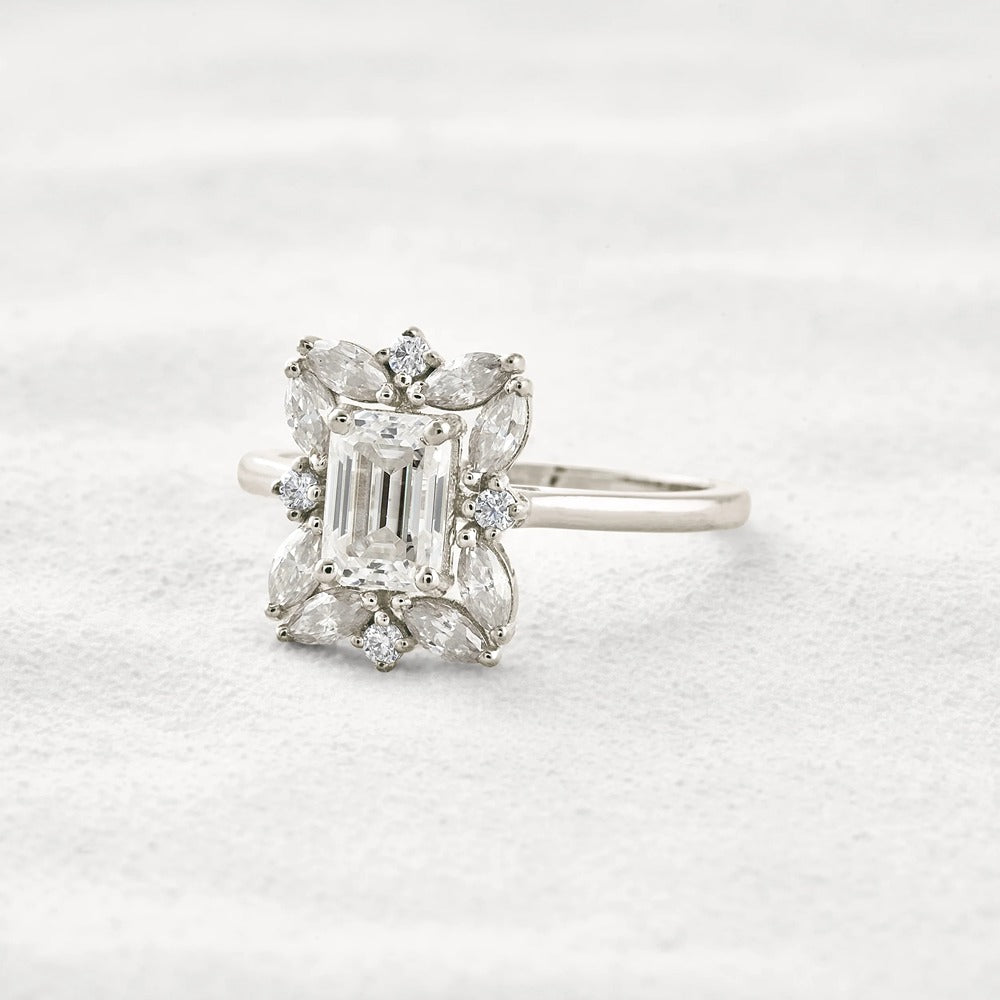 Emerald Cut Moissanite Diamond Halo Wedding Proposal Ring
