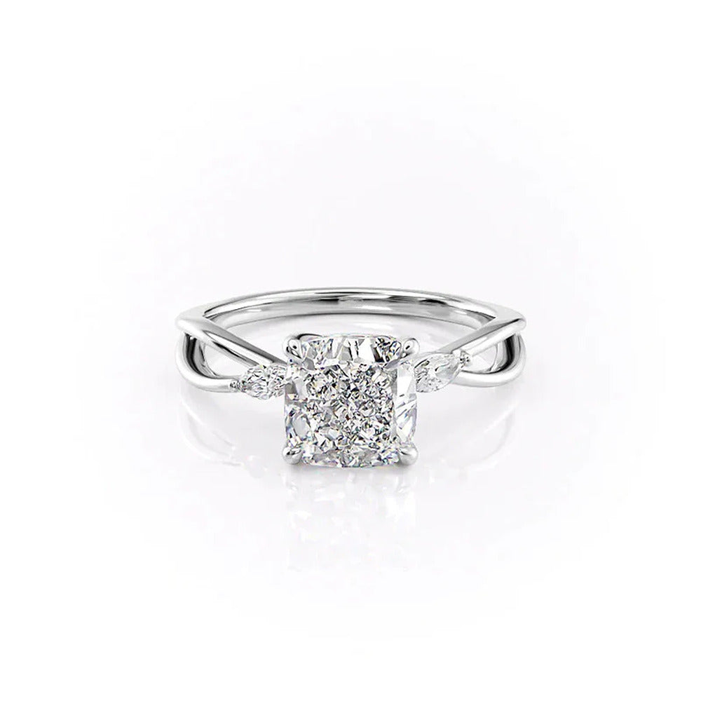 Three Stone Cushion & Marquise Cut Moissanite Engagement Ring