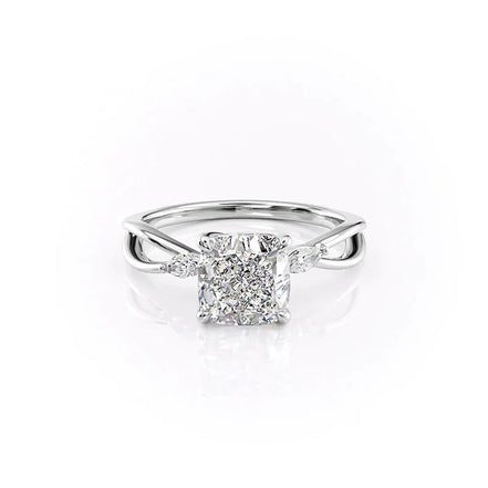 Three Stone Cushion & Marquise Cut Moissanite Engagement Ring