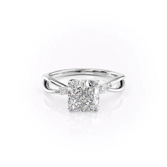 Three Stone Cushion & Marquise Cut Moissanite Engagement Ring
