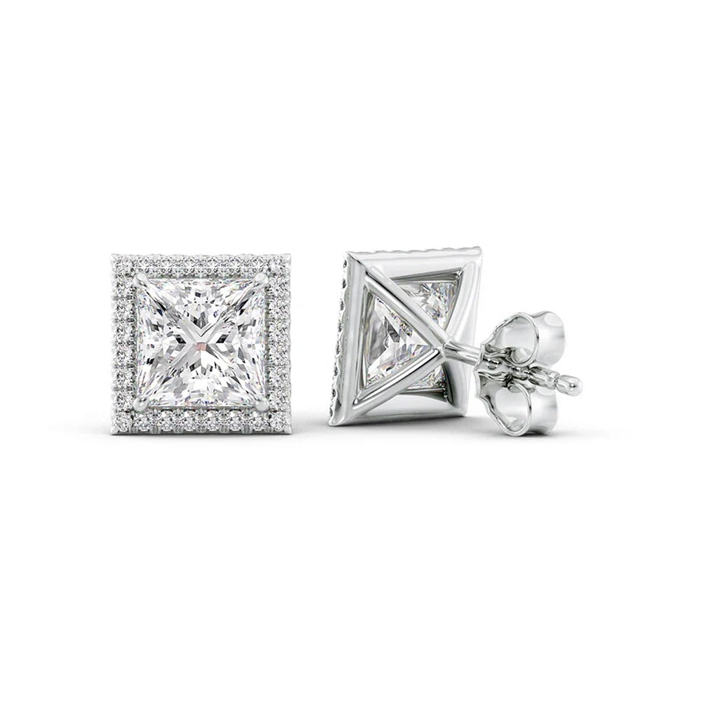 D Color Moissanite Diamond Princess Cut Halo Stud Earring