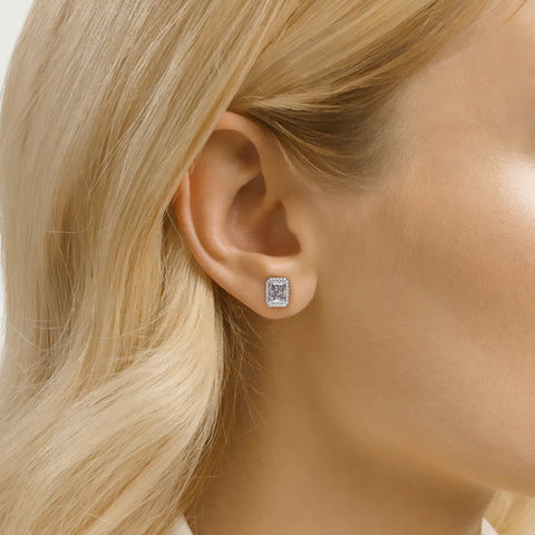 Radiant Cut Halo Moissnite Diamond Stud Earring