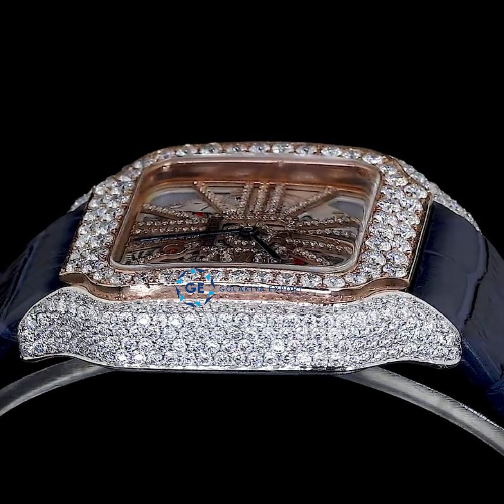 Awesome Blue Leather Belt Diamond Moissanite Watch
