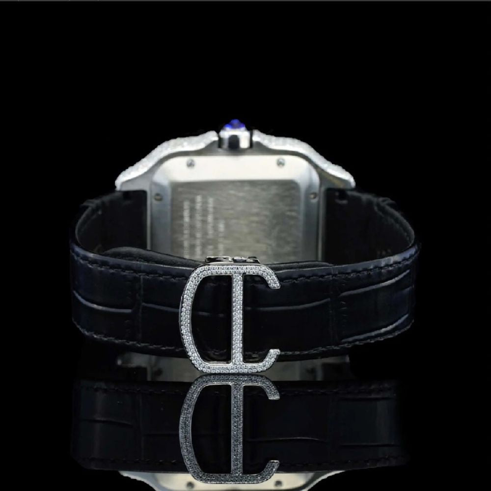 Black Color Roman Numeric Leather Belt Moissanite Watch