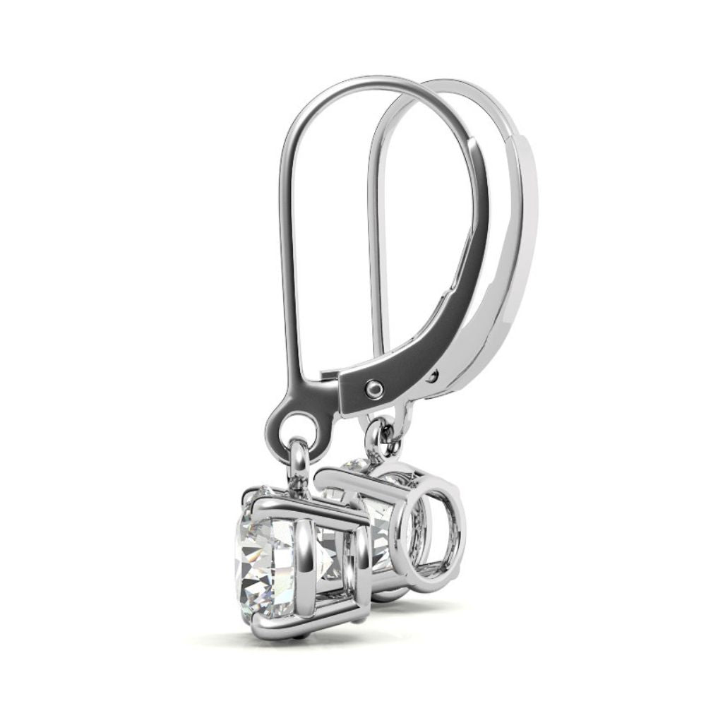 Round Cut Moissanite Lever Back Drop Earrings in White Gold