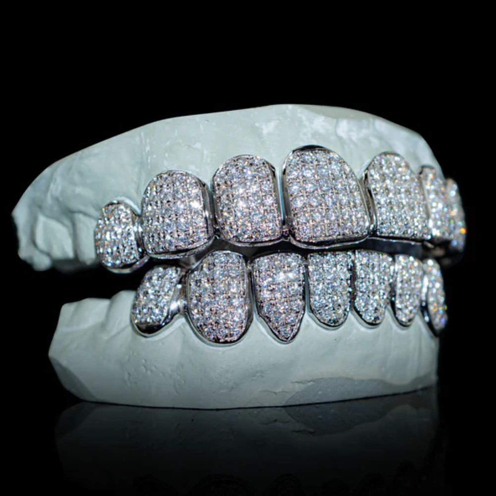 Moissanite Diamond Silver Tone Top & Bottom Teeth Custom Hip Hop Grills