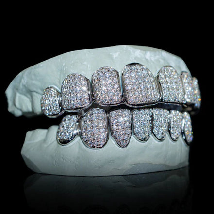 Moissanite Diamond Silver Tone Top & Bottom Teeth Custom Hip Hop Grills